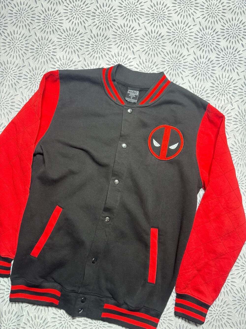 Marvel Deadpool Logo Varsity Letterman Snap-Front Jacket Men’s M